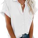 Womens Casual Button Down Short Sleeve Shirts 2026 Summer Fashion Cotton Linen Shirt Top Blouses with Pocket (Large, White)