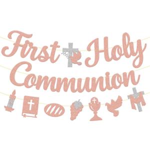 First Holy Communion Banner Baptism Religious Cross God Bless Christening Sign Party Decorations for Christian Kids Boy Girl Baby Shower Party Supplies (Rose Gold)
