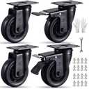 4 Inch Caster Wheels Set of 4 Black Elastic Rubber Wheel castors Industrial Silent Swivel Casters with Brake Perfect for Carts Furniture Workbenches 2200Lbs Load Capacity Includes Bolts and Nuts