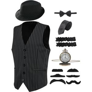 RAINDEWLL 1920s Mens Costume Roaring 20s Costumes for Men Gatsby Outfit Gangster Vest Fedora Hat 2XL