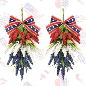 24inch Patriotic Red, White and Blue Floral Swag Wreath for Front Door Patriotic American Floral Teardrop Swags 4th of July Independence Day Rings Wreaths for Pillars Porch Wall Window Decor