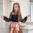 Arshiner Girls Long Sleeve Shirts with Sheer Puff Cute Lantern Sleeve Design Lady Style Swiss Dots Tops for Girls Blouse Tee (Black)