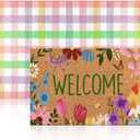 2 Pcs Spring Coir Doormat Outdoor Flower Welcome Outdoor Rug Front Porch Mats Layered Colorful Plaid Rugs for Spring Front Porch Entryway Decor