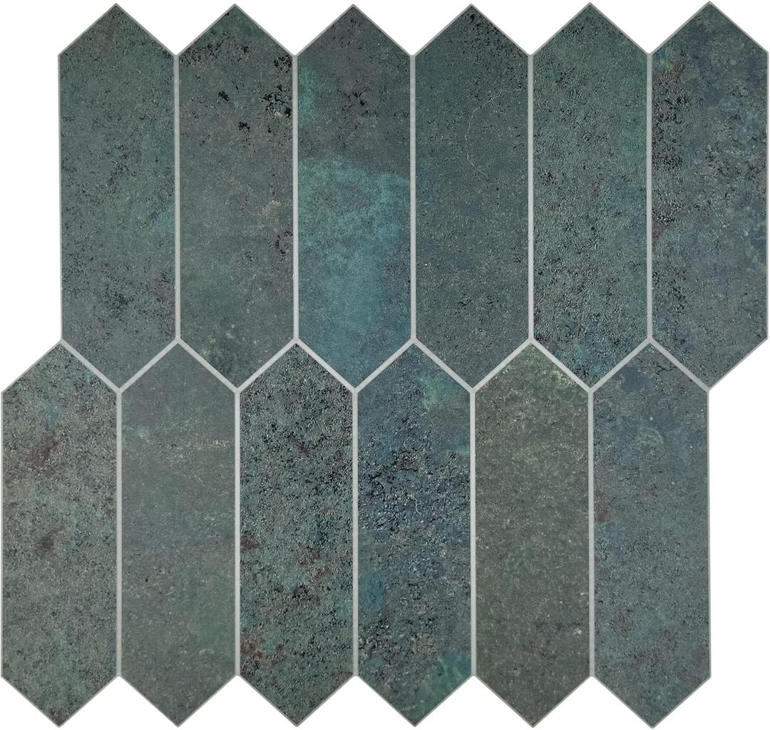 SUNWINGS Backsplash Tile for Kitchen Peel and Stick, Stone Composite Self Adhesive Tiles Faux Marble Pattern Long Hexagon Mosaic Wall Tile for Kitchen, 12 Inch x 11.22 Inch 10 Sheets Green (Bronze)