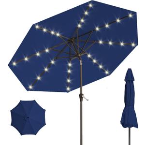 9FT Solar Umbrella 32 LED Lighted Patio Umbrella Table Market Umbrella w/Tilt and Crank, UV-Resistant Outdoor Umbrella for Pool, Garden, Deck, Navy Blue