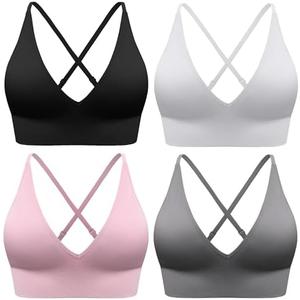 Evercute Women's Sports Bras 4 Pack Adjustable Deep V Neck Bras Wireless Spaghetti Strap Criss Cross Padded Low Support Bra XL