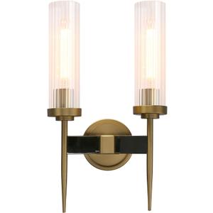 PERMO Wall sconces 2 Light Modern Wall Lighting Fixtures with 2.8" Cylindrical Clear Glass Shade Brass Double Wall sconces for Living Room Bathroom Corridor Mirror Bedroom