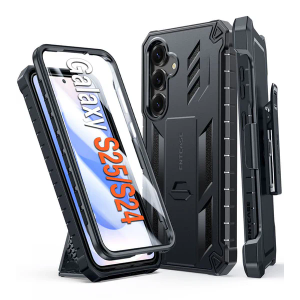 FNTCASE for Samsung Galaxy S25 Case: Military Grade Rugged Cell Phone Cover with Kickstand & Belt Clip Holster | Shockproof TPU Protection Bumper Design for Galaxy S25 Cases 6.2 inch - Black