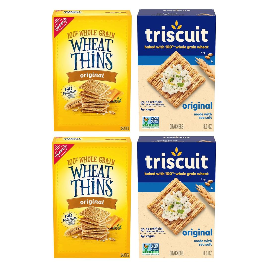 Triscuit Original Whole Grain Wheat Vegan Crackers and Wheat Thins Original Whole Grain Wheat Snacks Variety Pack, 4 Boxes, Best By 12 JUL 2024