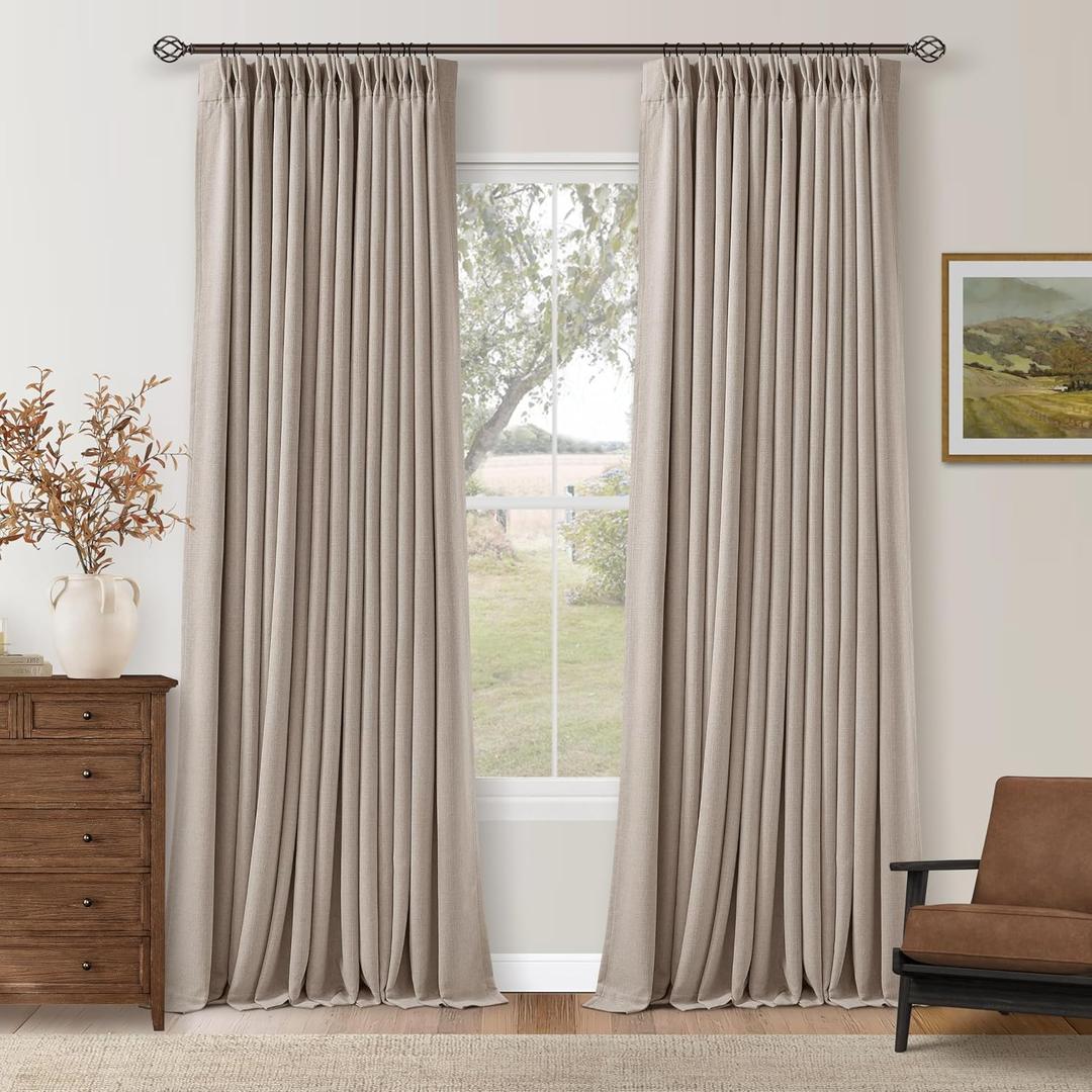 108 Inch Pinch Pleat Drapes Greyish Beige Room Darkening Curtains 108 Inches Long for Bedroom Neutral Farmhouse 100% Blackout Thick Linen Double Layer Pleated Curtain 2 Panels Set Burlywood Birch, 40"W x 108"L