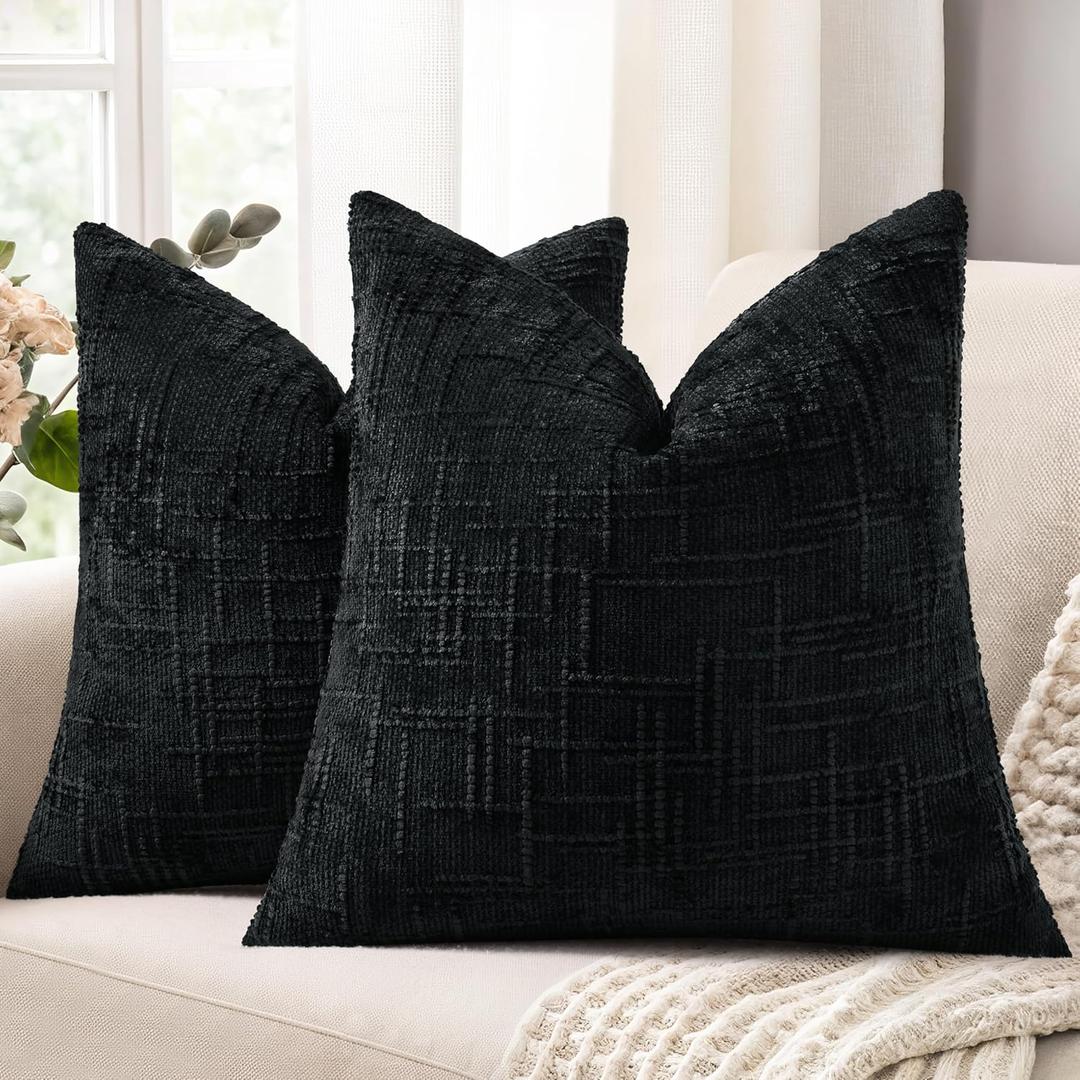 decorUhome Black Chenille Euro Sham Throw Pillow Covers 24x24 Set of 2 Textured Soft Cozy Slubby Couch Pillow Covers Modern Farmhouse Boho Decorative Pillow Cases for Bed Sofa Living Room