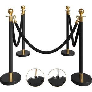 4 Pack Black&Gold Stanchions and Velvet Ropes Set, Stainless Steel Crowd Control Barriers, 3Pcs Black Ropes and Poles for Party Supplies,Photobooth Accessories, Prom,Birthday,Business,Wedding, Museums