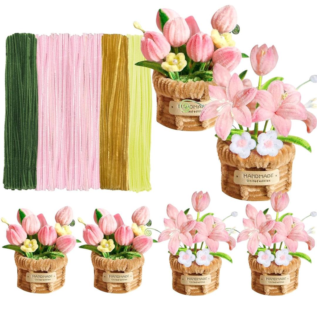 900 pcs Pipe Cleaners Craft, 4 Assorted Colors Pipe Cleaners Bulk, for DIY Tulip or Lily Basket Kit with Floral Wires, Gardening Tape, Pearls