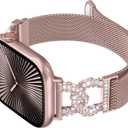 Metal Band Compatible with Apple Watch Bands for Women 38/40/41/42/44/45/46/49mm Stainless Steel Mesh Magnetic Classy C-shaped Diamond Strap for iWatch SE Series 11/10/9/8/7/6/5/4/3/2/1/Ultra (Pink Gold)