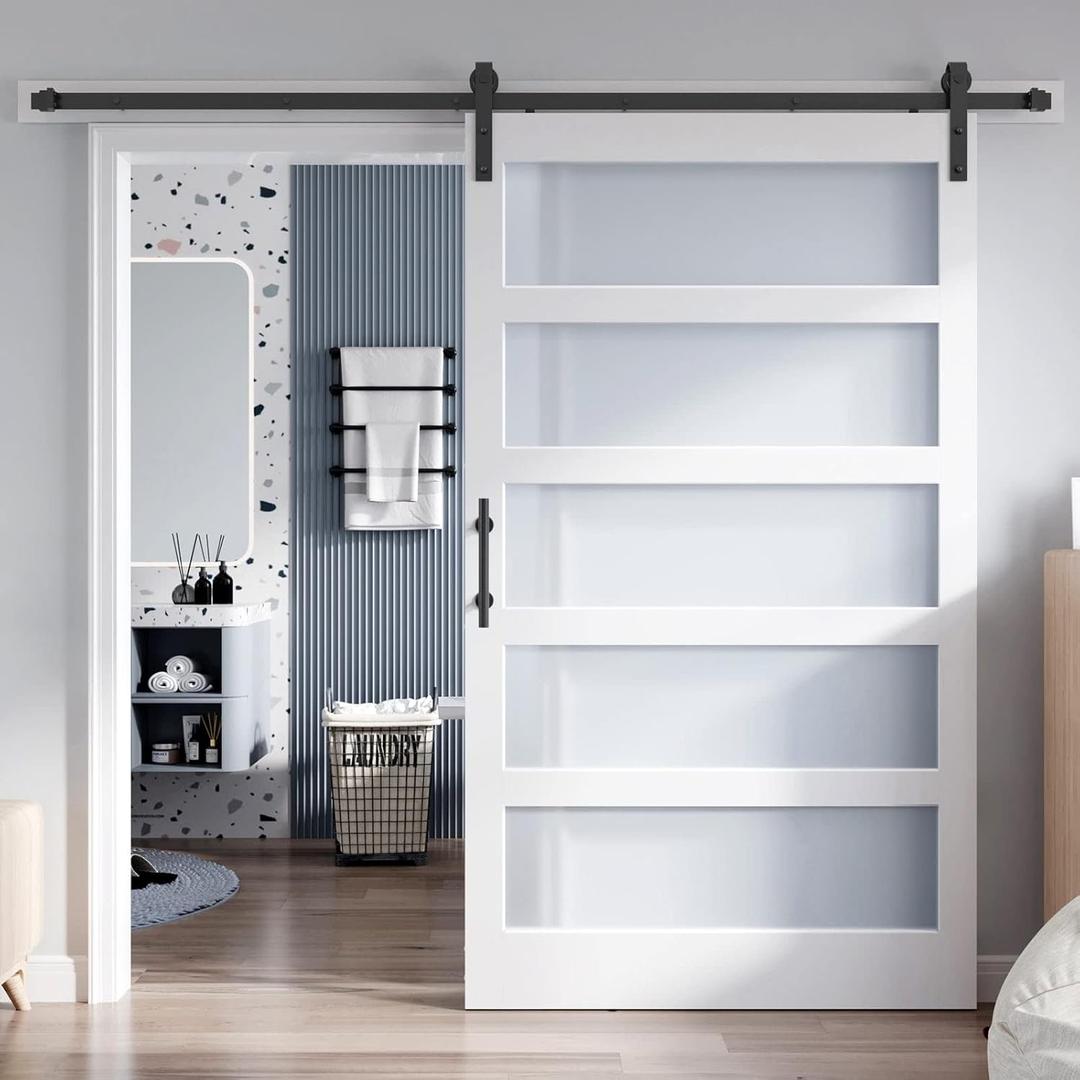 48x84 Inch Glass Sliding Barn Door Slab and 8ft Hardware Kit Included, 5 Frosted Glass, LVL Wood Panel Covered with White Water-Proof Scratch-Proof PVC Surface, Simple DIY Assembly