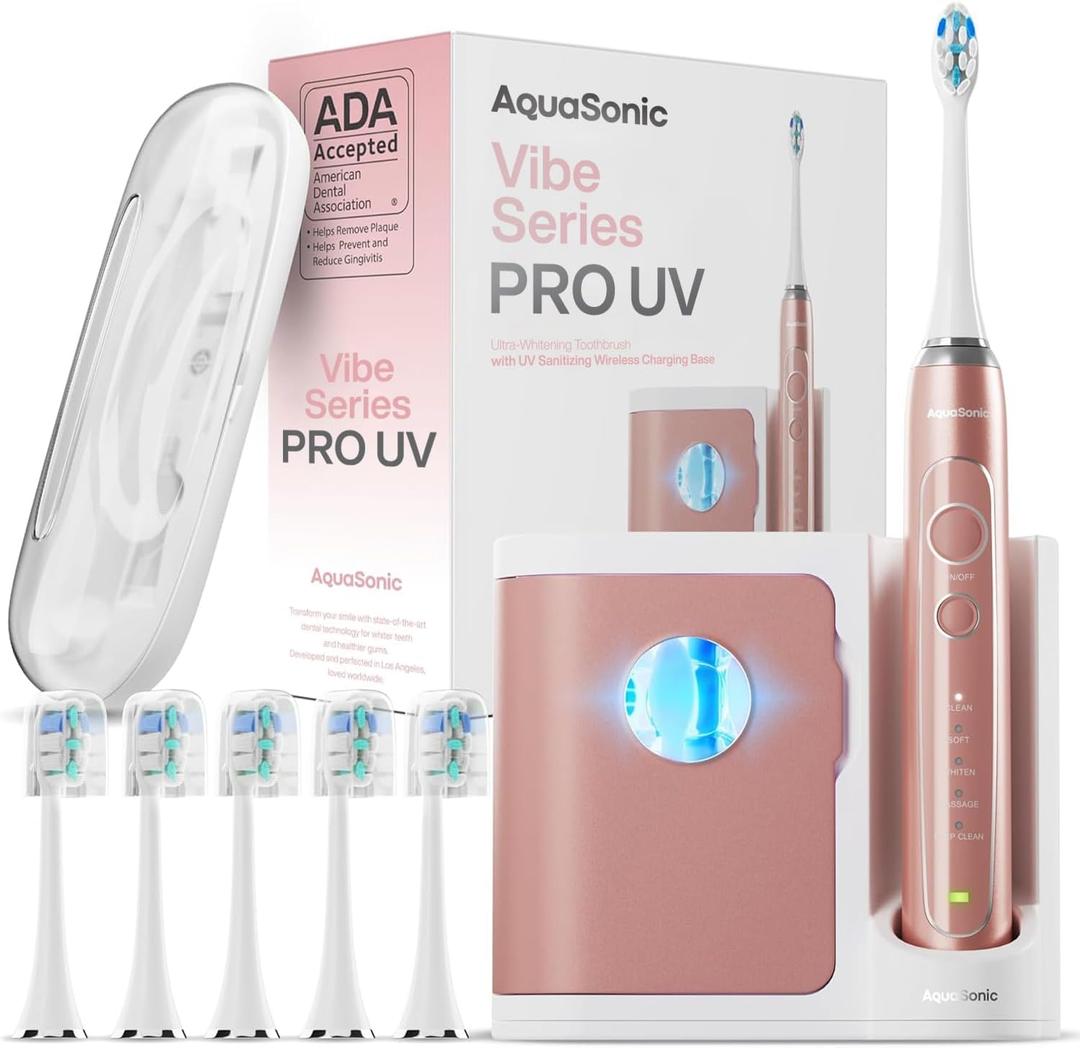 Aquasonic Vibe Series PRO  Ultra-Whitening Electric Toothbrush  5 Modes & Smart Timers  UV Sanitizing Base  ADA Accepted (Satin Rose Gold)