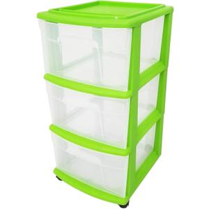HOMZ Drawer Tower, 3-Tier Clear Plastic Storage Organizer Cart, Bold Lime Frame - Rolling Drawer Containers with Wheels for Bathroom, Bedroom, Office, and Classroom Organization (1 Pack)