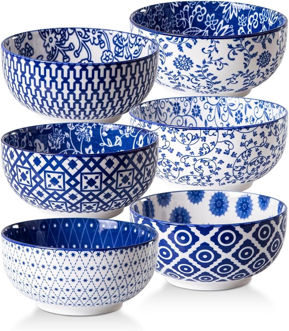 Ceramic Soup Bowls Set - 23 Oz Deep Cereal Bowl for kitchen - 6 Inch Porcelain Salad Bowl for Pasta, Dessert, Ramen - Microwave Dishwasher Safe - Set of 6 - Vintage Blue