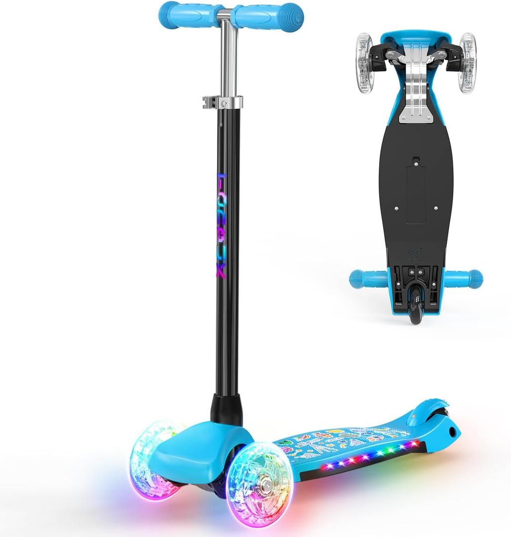 TONBUX Kids Scooter for Ages 3-8: 3-Wheel Kick Scooter with LED Light-Up Wheels & Deck, 7 Lighting Modes, 4 Adjustable Heights, Metal-Reinforced Deck, Lean-to-Steer Balance Training Toddler Scooter