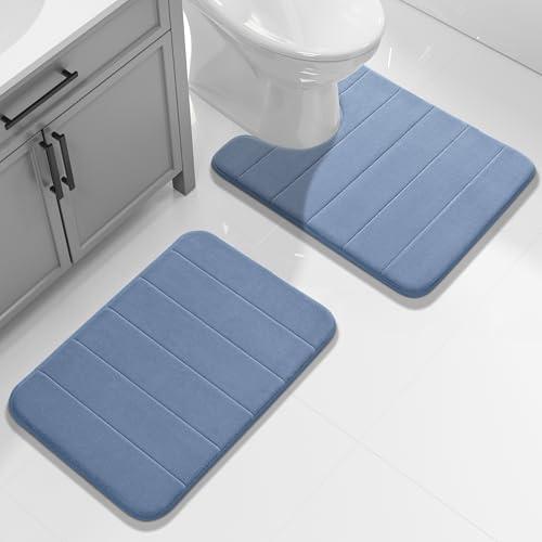 Yimobra U-Shaped Toilet Bath Mat Set 2 Piece - Soft Absorbent Quick Dry Memory Foam Bathroom Rugs, Machine Washable Non Slip Floor Carpet for Tub Shower & Single Sink (17x24 & 24x20, Denim Blue)