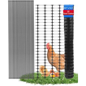 Garden Fence Animal Barrier, Snow Fence Temporary Fence Kit 40 in X 164 Ft, Plastic Safety Fence with 30 45-Inch Steel Stakes and 200 Zipper, Garden Fencing Temporary Fencing for Backyard (Black)