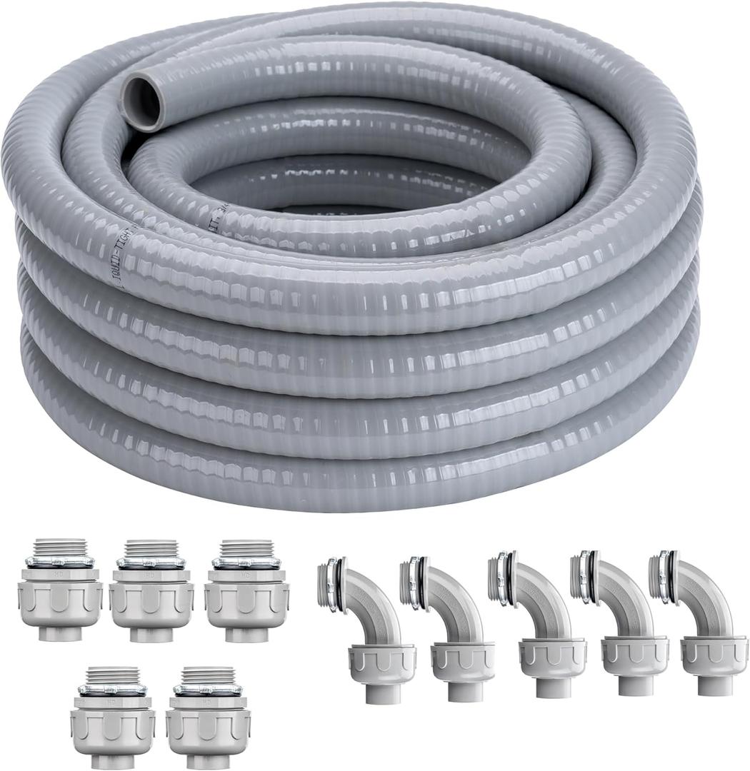 1/2 Inch 150 FT Liquid-Tight Conduit and Connector Kit Non Metallic Flexible Conduit Electrical Kit - 5 Straight and 5 Angle Fittings Included for Electrical Wiring