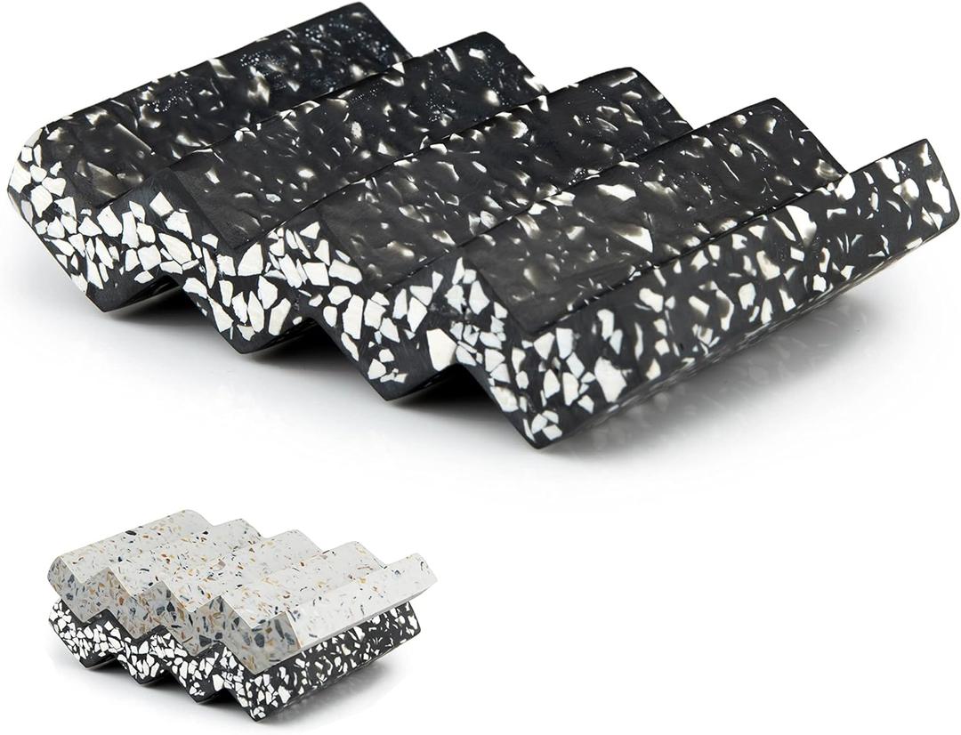Zig Zag Terrazzo Stone Soap Dish for Bathroom Sink - Concrete Soap Saver for Bar Soap Holder for Shower - Sponge Holder - Self Draining Soap Dish Holder - Kitchen Soap Tray (Black)