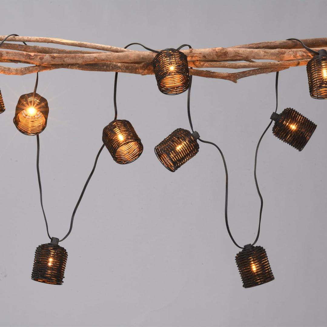 Natural Rattan String Lights, 10 Rustic Raffia Cage, 13 Ft Plug in & Connectable Wicker Lights,Black Rattan