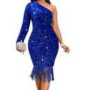 dasmzper Women Sexy Sequin One Shoulder Long Sleeve Tassel Hem Bodycon Midi Dress Blue, XL