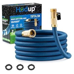 Garden Hose 15ft, Premium Woven Fabric Metal Stainless Steel Hose, Kink-free Flexible Water Hose, Puncture Proof Hose With Crush Resistant On/ Off Valve Brass Fitting for Yard, Rv (Blue, 15 ft)