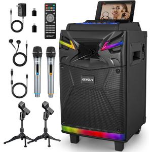 GTSK10-1 Karaoke Machine, Portable Bluetooth Speaker with 2 Wireless Karaoke Microphones for Adults, Live Streaming & Voice Monitoring, Tablet Lyrics Display Holder, DJ Lights/TV for Party & Church (10 inch)
