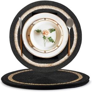 AHHFSMEI Round Paper and Jute Braided Placemats Set of 4 Non-Slip Heat Resistant Table Mats for Dining Tables Indoor & Outdoor Place mats for Daily Use (Black,4)