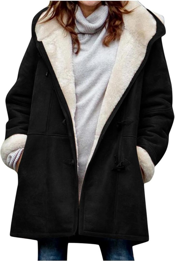 AI'MOURI Sherpa Fleece Outerwear Overcoat Women (Large, Black)