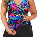 Daci Plus Size Tankini Swimsuit for Women - Two Piece Tummy Control Bathing Suit Tankini Top with Two Pockets Shorts (Colorful Leaves)