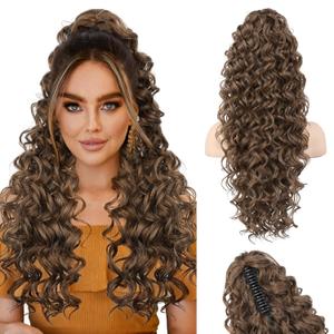 HOOJIH Ponytail Extension, Clip in Ponytail 24 Inch Hair Extension Curly Wavy Ponytail Fluffy Soft Synthetic Fiber Hair Pieces for Women - Dark Golden Brown