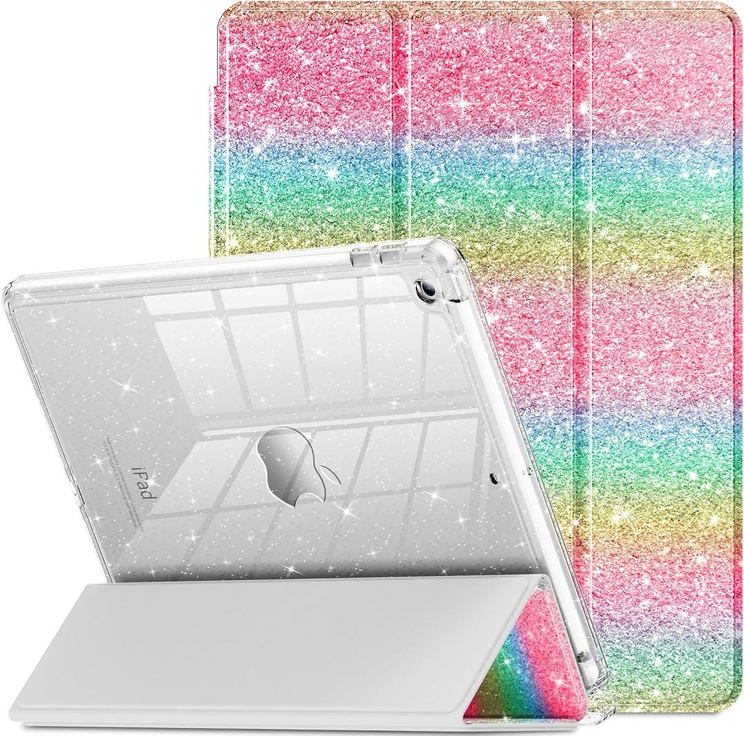 INFILAND for iPad 9th Generation 2021/ iPad 8th Generation 2020/ iPad 7th Generation 2019 Case 10.2 inch, Glitter Cover with Clear Back, Pencil Holder for Kids Girls (Rainbow Shimmer)