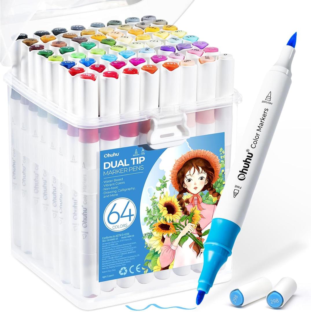 Ohuhu Markers for Adult Coloring Books No Bleeding 64 Colors Brush & Fine Water-based Coloring Markers Dual Tips Drawing Pens for Kids Adults Beginners Lettering Journaling
