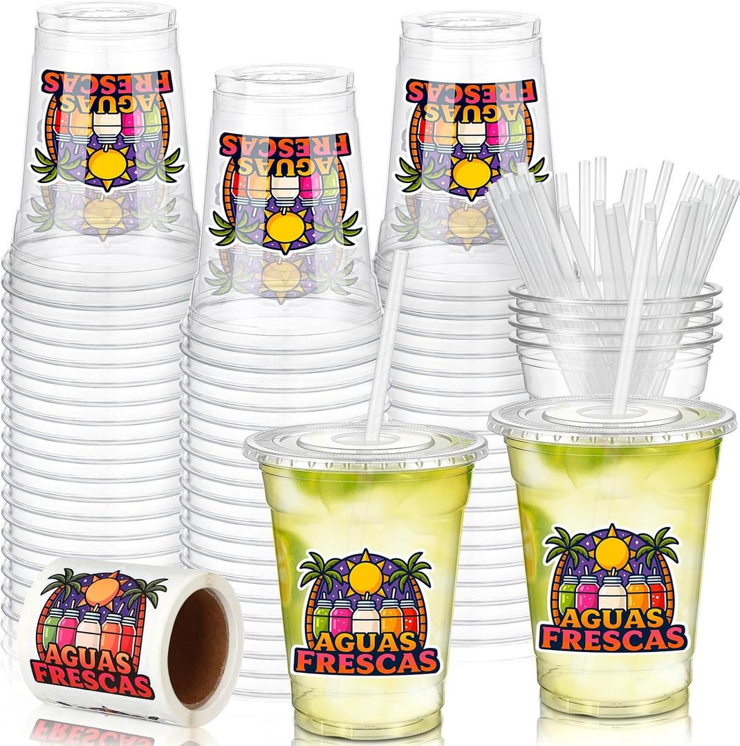 FoldTier 100 Pack Fiesta Plastic Cups 12 oz Mexican Aguas Frescas Disposable Cups with Lids and Straws Mexican Party Favors for May 5th Fiesta Taco Tuesday, Summer Party Supplies