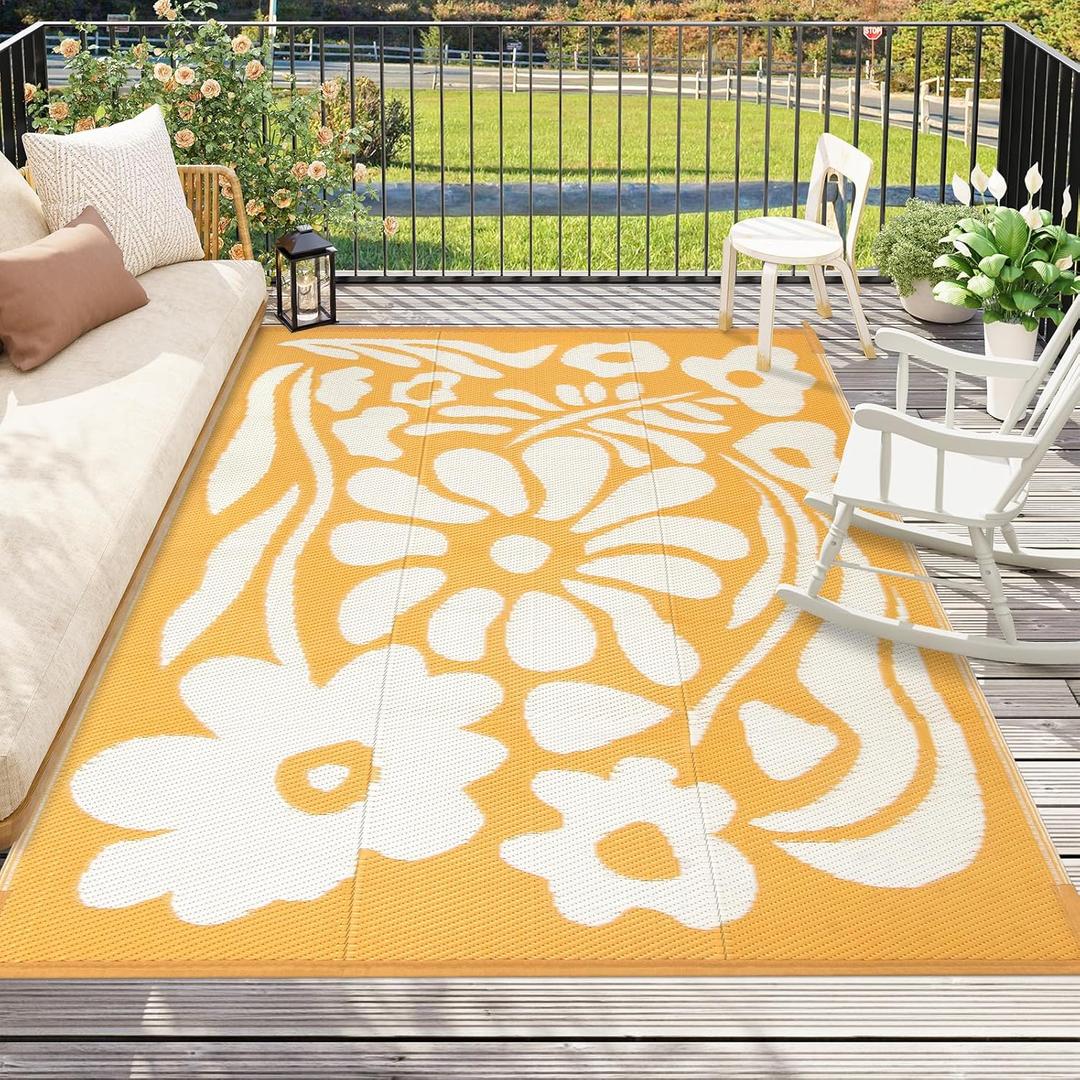 Wonnitar 6x9 Outdoor Rug Waterproof, Reversible Plastic Straw RV Rugs for Camping Outside, Large Portable RV Outdoor Mat Orange Abstract Flower Tent Rug for Camping Garden Picnic (Orange, 6'x9') (6' x 9' (Rectangular))