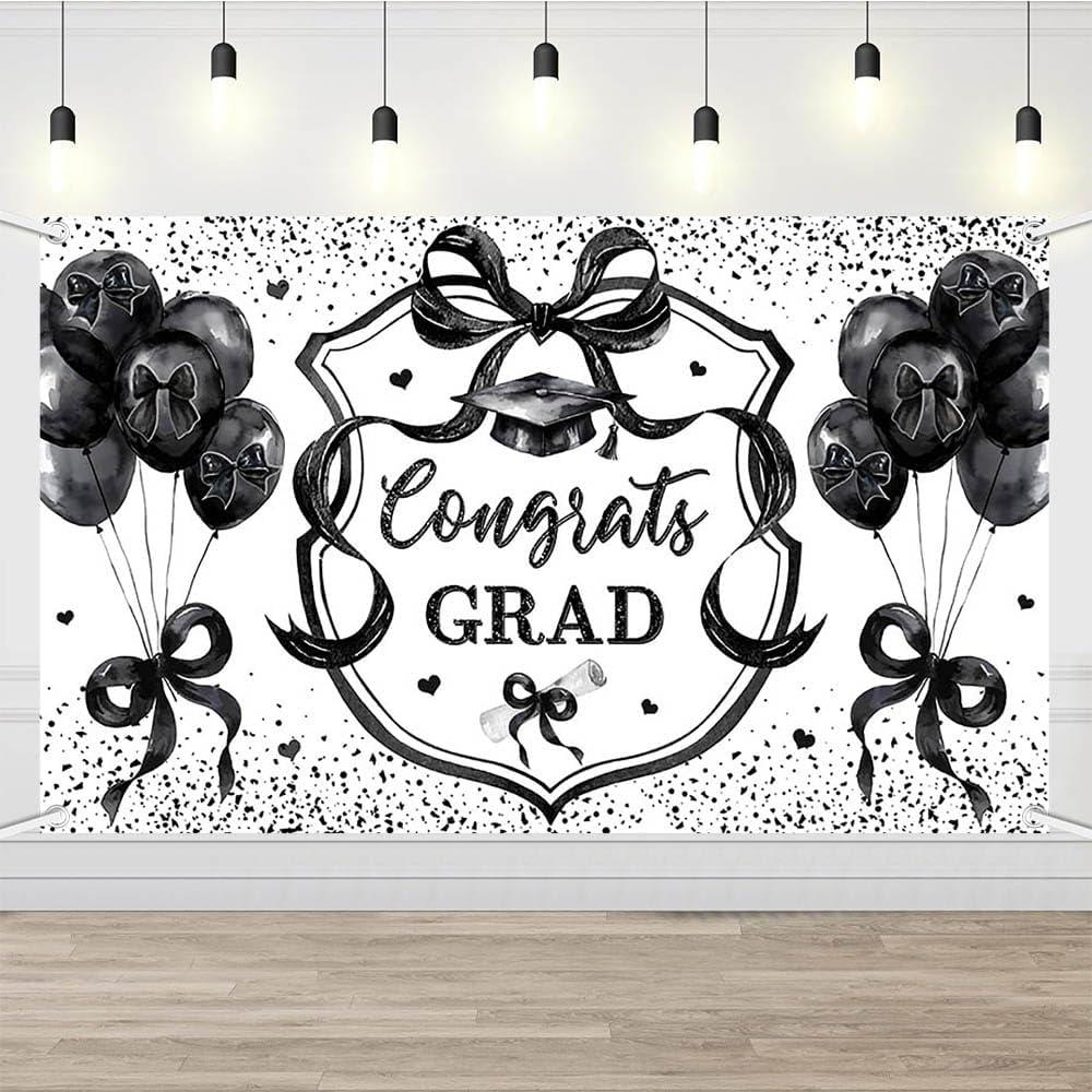 Coquette Congrats Grad Backdrop Black Bow 2025 Graduation Photography Background Coquette Theme Class of 2025 Graduation Party Banner Balloon Heart Photo Props 6x3.6ft