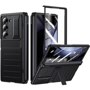 for Samsung Galaxy Z Fold6 Case: Slim Hinge Stand Case with Screen Protector & S Pen Holder - Full Body Rugged Hard Protective Phone Cover for Women Men (Black)