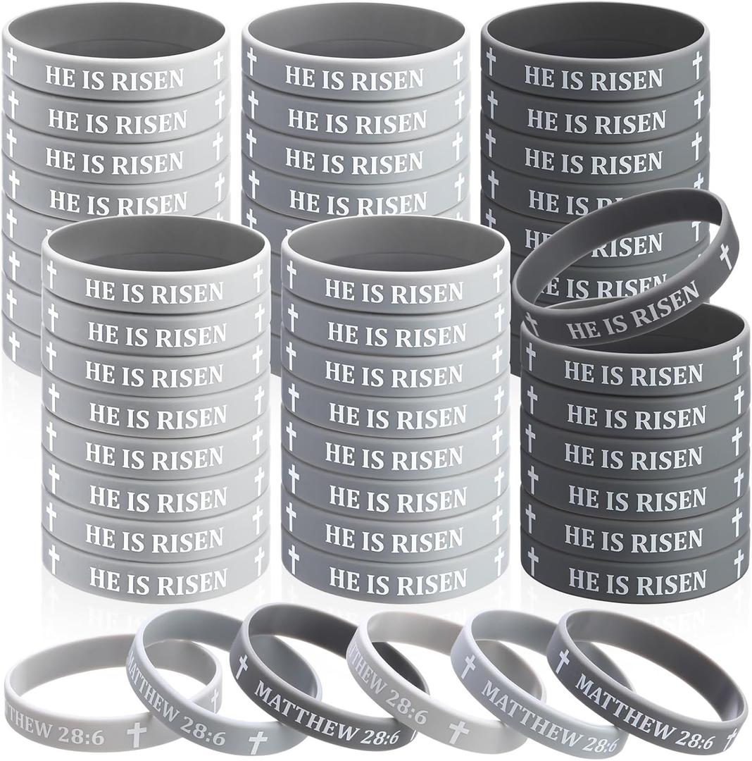 Sumind 48 Pcs He Is Risen Bracelets Bulk Christian Easter Egg Fillers Religious Silicone Wristbands Bible Rubber Bracelets Cross Catholic Exchange Gifts for Adults Spring Easter