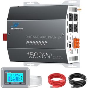 1500W Pure Sine Wave Inverter 12V DC to 110V/ 120V AC Converter, 3000W Peak, LCD Remote Control, 4 AC Outlets, USB & Type-C – for RV, Truck, Camping, Off-Grid Solar, Emergency Power