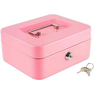 xydled Locking Steel Medium Cash Box with Removable Coin Tray and Key Lock,7.87"x 6.30"x 3.54",Pink