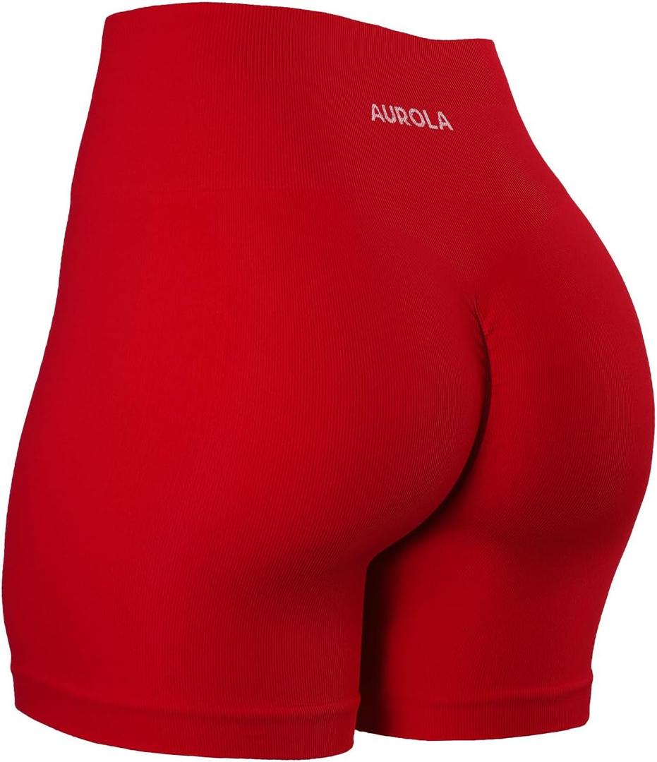 AUROLA Power Workout Shorts for Women Tummy Control Squat Proof Ribbed Thick Seamless Scrunch Active Short (Medium, Flame Red)