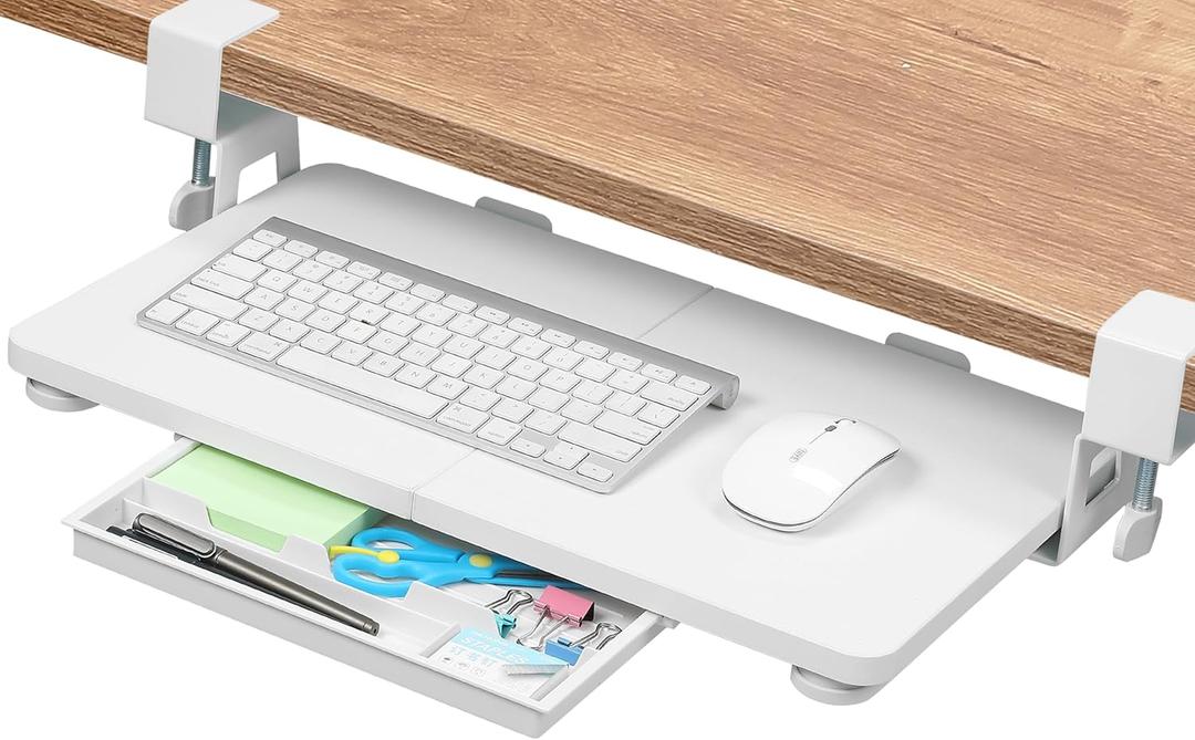 ETHU Keyboard Tray Under Desk, 19.7' X 11.81" Small Size Keyboard Drawer with C Clamp-on Mount Easy to Install, Computer Keyboard Stand Slide Pull Out, Ergonomic Keyboard Tray for Home, Office (White)