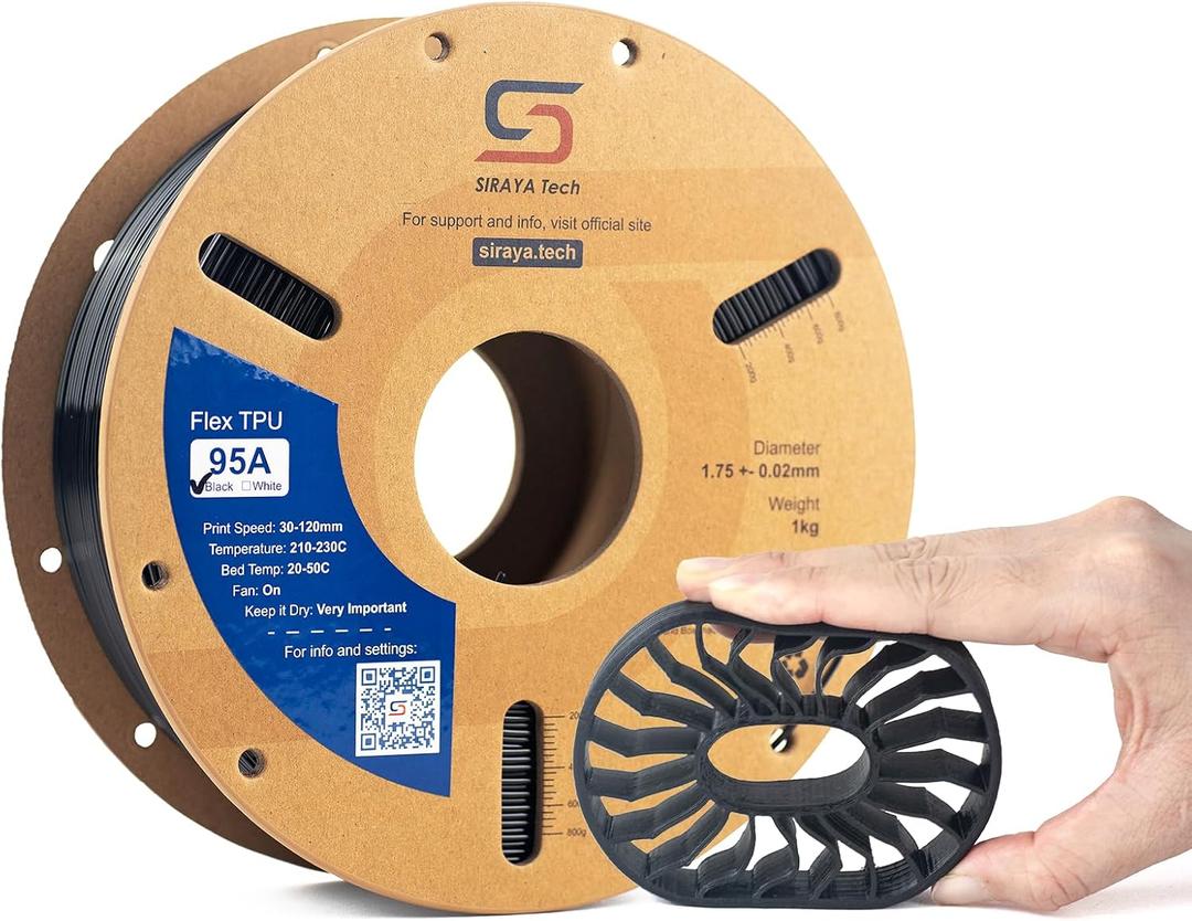 Siraya Tech Flex TPU 95A Filament, ISO 10993, High Flow and High Speed, Flexible and Tough, Easy to Print, Moisture-Resistant Aluminum Resealable Bag - for Footwear, Protective Gear (Black, 1kg)