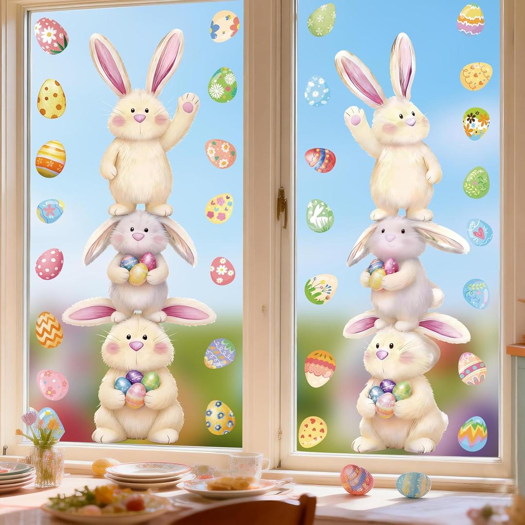 2 x Easter Window Clings, 12"x35", 2-Pack Large Bunny & Egg Static Stickers, Extra Wide Spring Decals with Bonus Colorful Egg Stickers for Glass Door Home