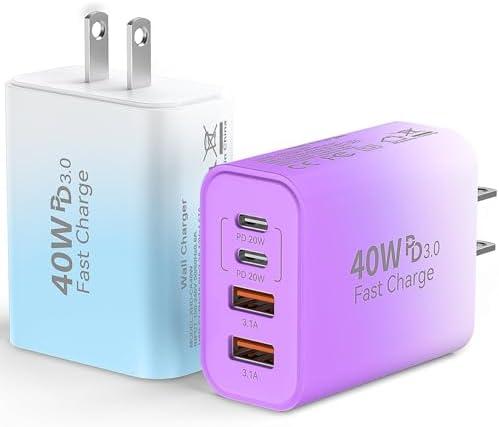 USB C Wall Fast Charger Block, 40W 4-Port Type C Chargers Fast Charging Blocks PD Power Charger Adapter+QC 3.0 USB Multiport Charger Brick for Phone 17/16/15/14/13/12 Pro Max, i-Pad, Galaxy S25-1Pack