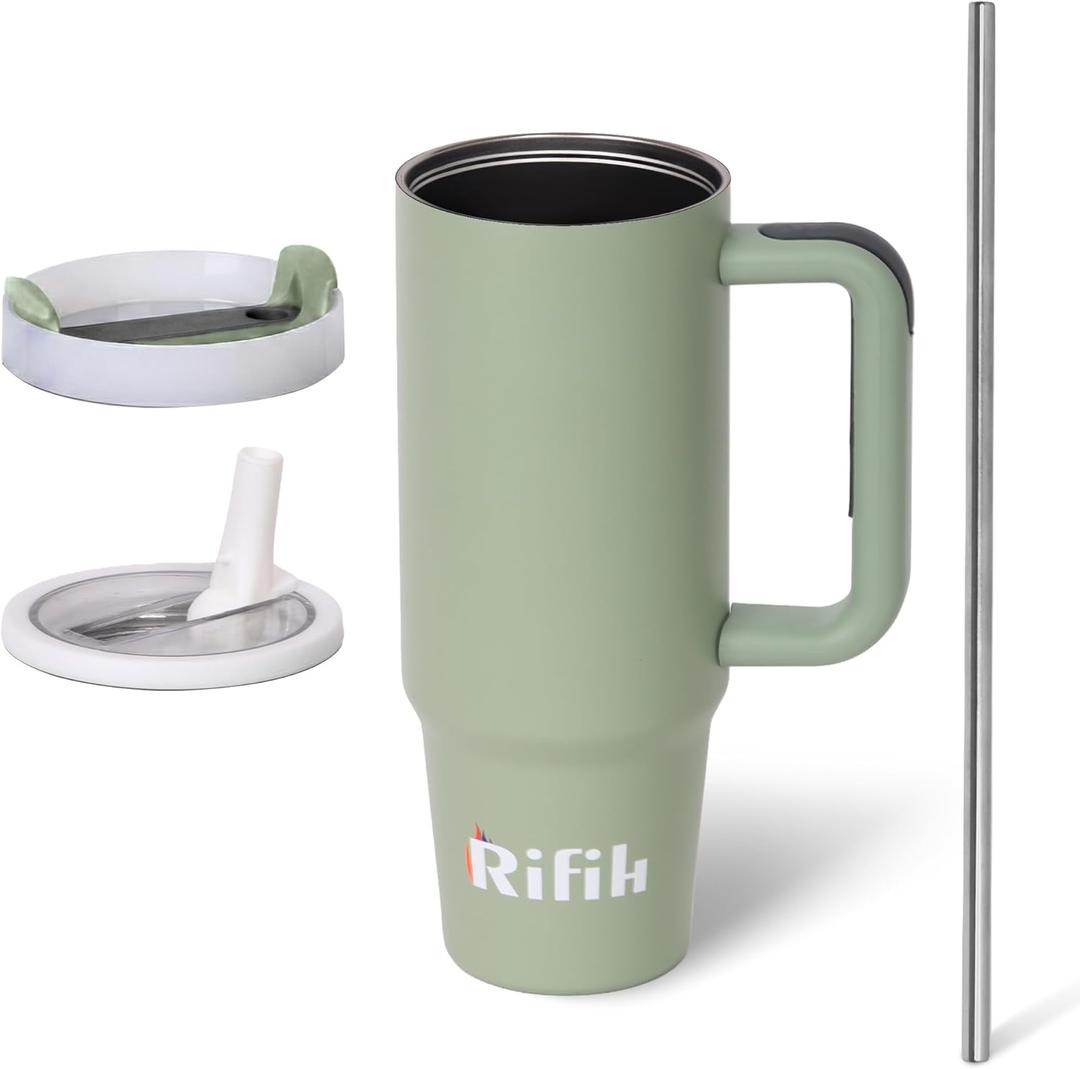 Cup with Lid and Straw, Tumbler with Handle, Travel Mugs, Stainless Steel Cup, Insulated Water Bottle, Insulated Travel Coffee Mugs, Cup with Straw, Coffee Mugs with Lids (NAVY GREEN, 30 OZ) (Atlas Sage)